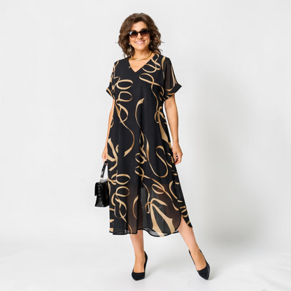 Damen Midi-Kleid mit V-Ausschnitt und Print-Midi Dress-Alpenkind