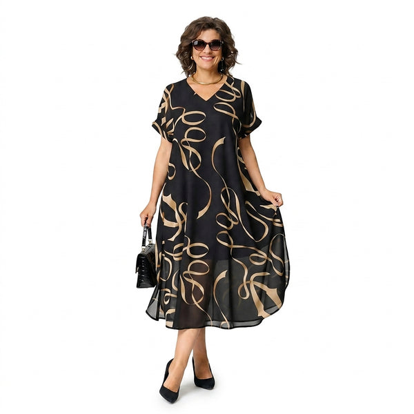 Damen Midi-Kleid mit V-Ausschnitt und Print-Midi Dress-Alpenkind