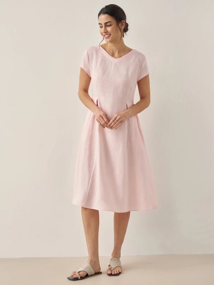 Damen Midi-Leinenkleid mit V-Ausschnitt und kurzen Ärmeln-Midi Dress-Alpenkind