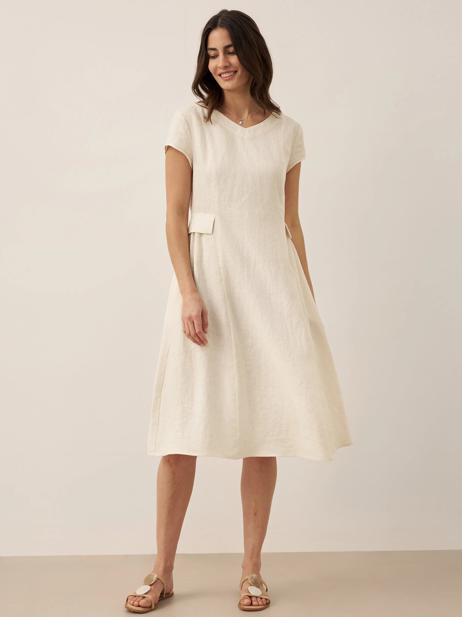 Damen Midi-Leinenkleid mit V-Ausschnitt und kurzen Ärmeln-Midi Dress-Alpenkind
