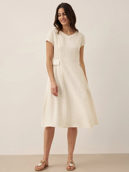 Damen Midi-Leinenkleid mit V-Ausschnitt und kurzen Ärmeln-Midi Dress-Alpenkind