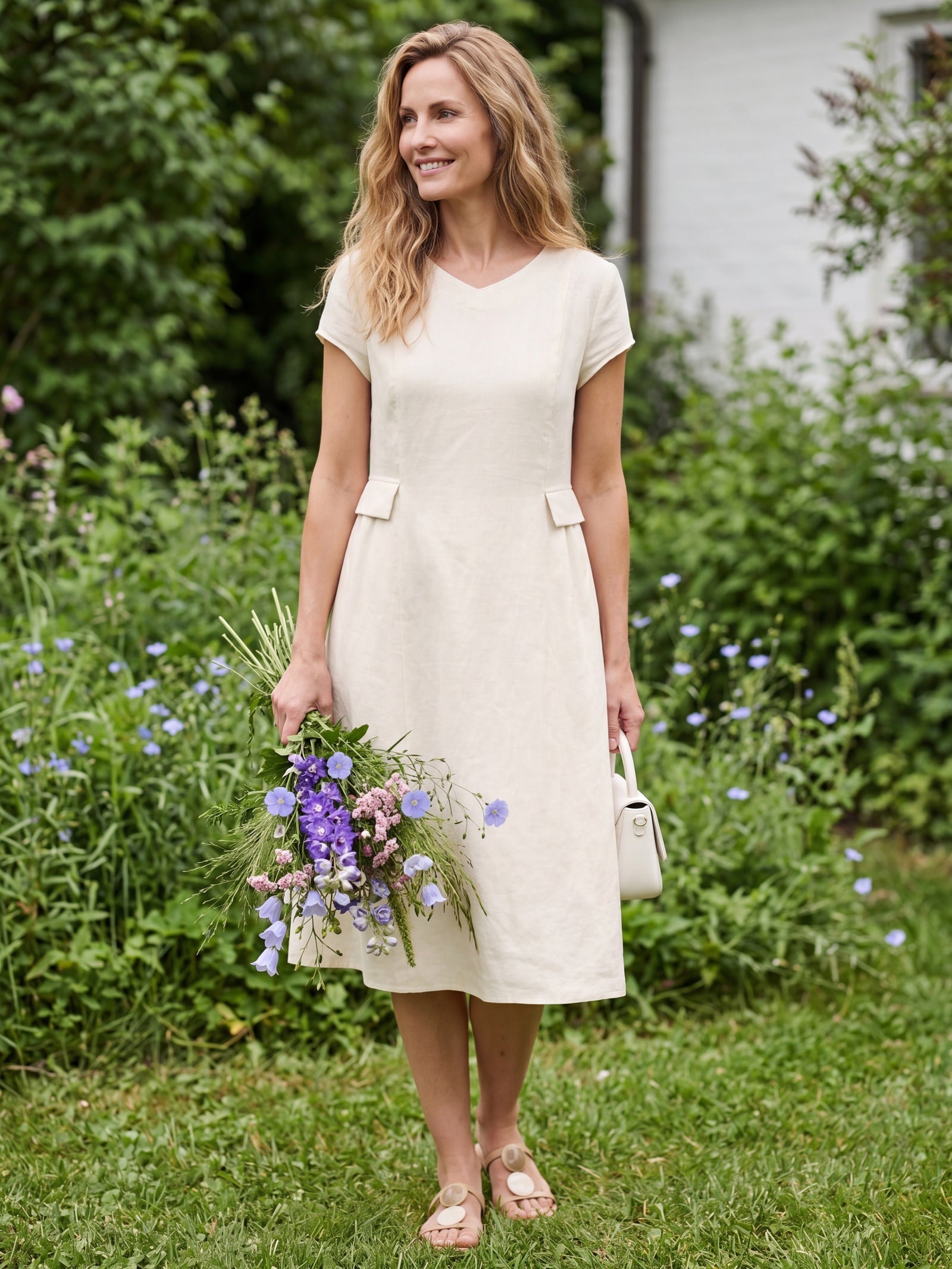 Damen Midi-Leinenkleid mit V-Ausschnitt und kurzen Ärmeln-Midi Dress-Alpenkind