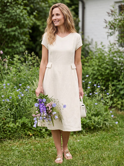 Damen Midi-Leinenkleid mit V-Ausschnitt und kurzen Ärmeln-Midi Dress-Alpenkind