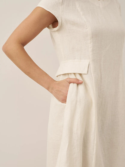 Damen Midi-Leinenkleid mit V-Ausschnitt und kurzen Ärmeln-Midi Dress-Alpenkind