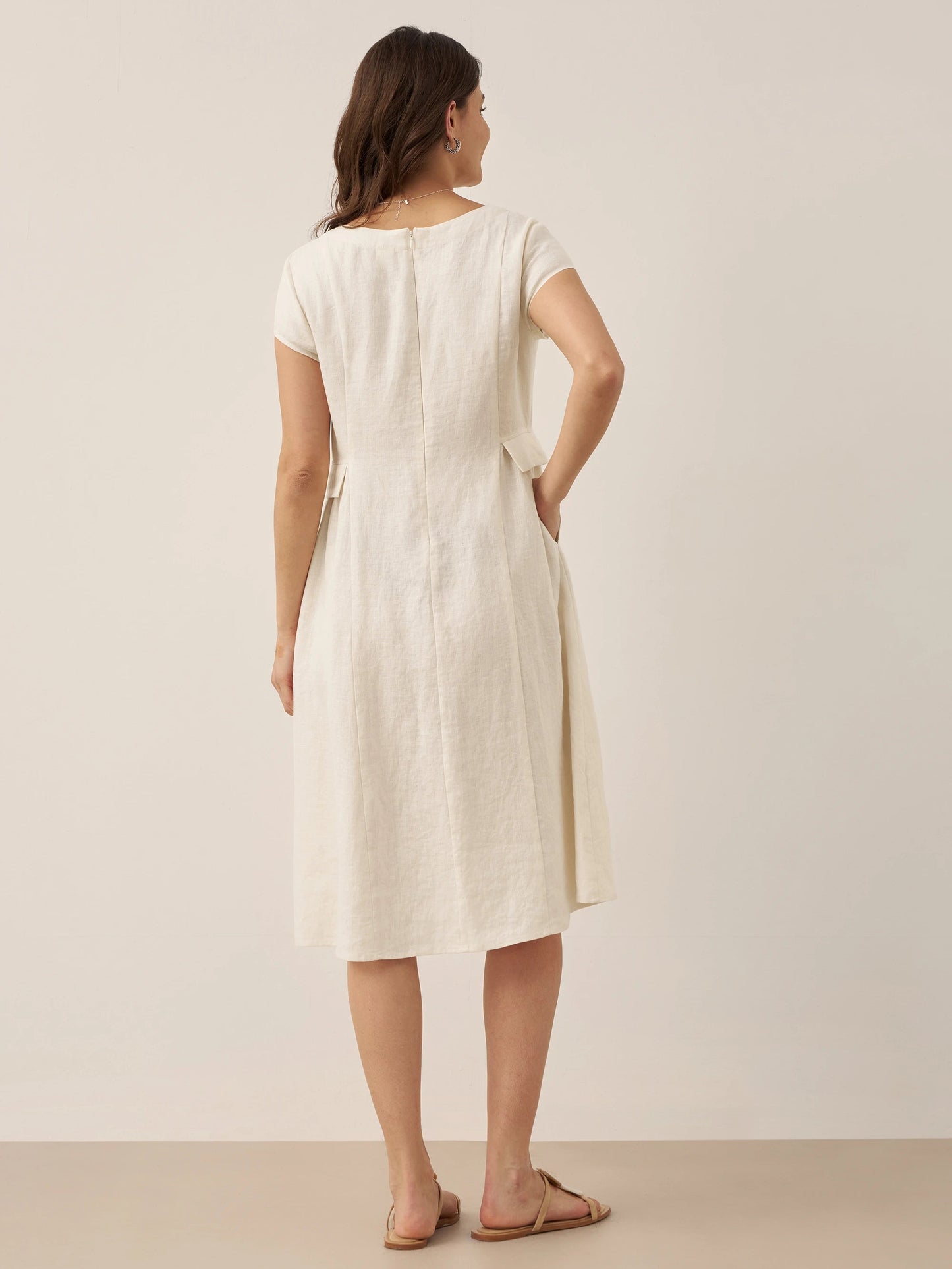 Damen Midi-Leinenkleid mit V-Ausschnitt und kurzen Ärmeln-Midi Dress-Alpenkind