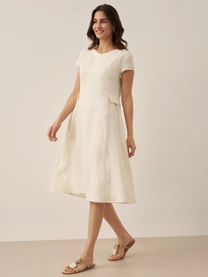 Damen Midi-Leinenkleid mit V-Ausschnitt und kurzen Ärmeln-Midi Dress-Alpenkind