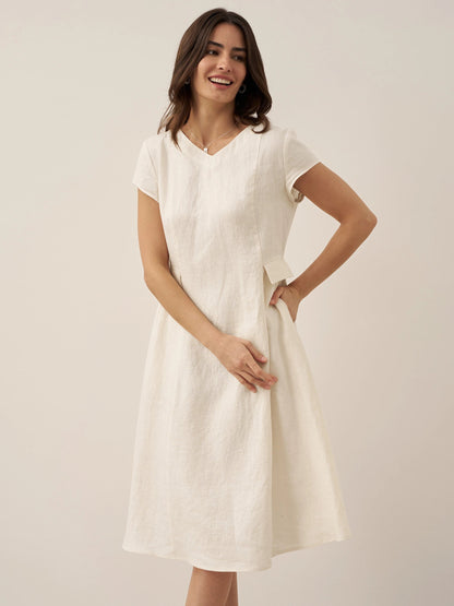 Damen Midi-Leinenkleid mit V-Ausschnitt und kurzen Ärmeln-Midi Dress-Alpenkind