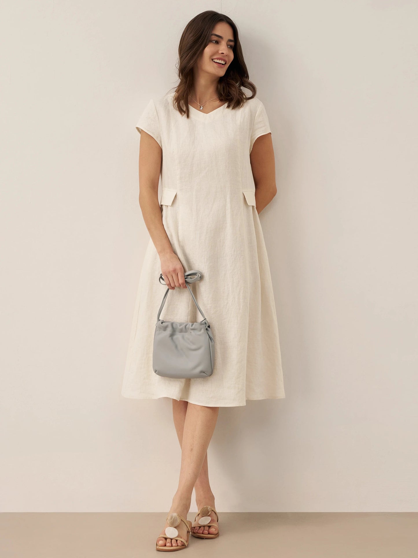 Damen Midi-Leinenkleid mit V-Ausschnitt und kurzen Ärmeln-Midi Dress-Alpenkind