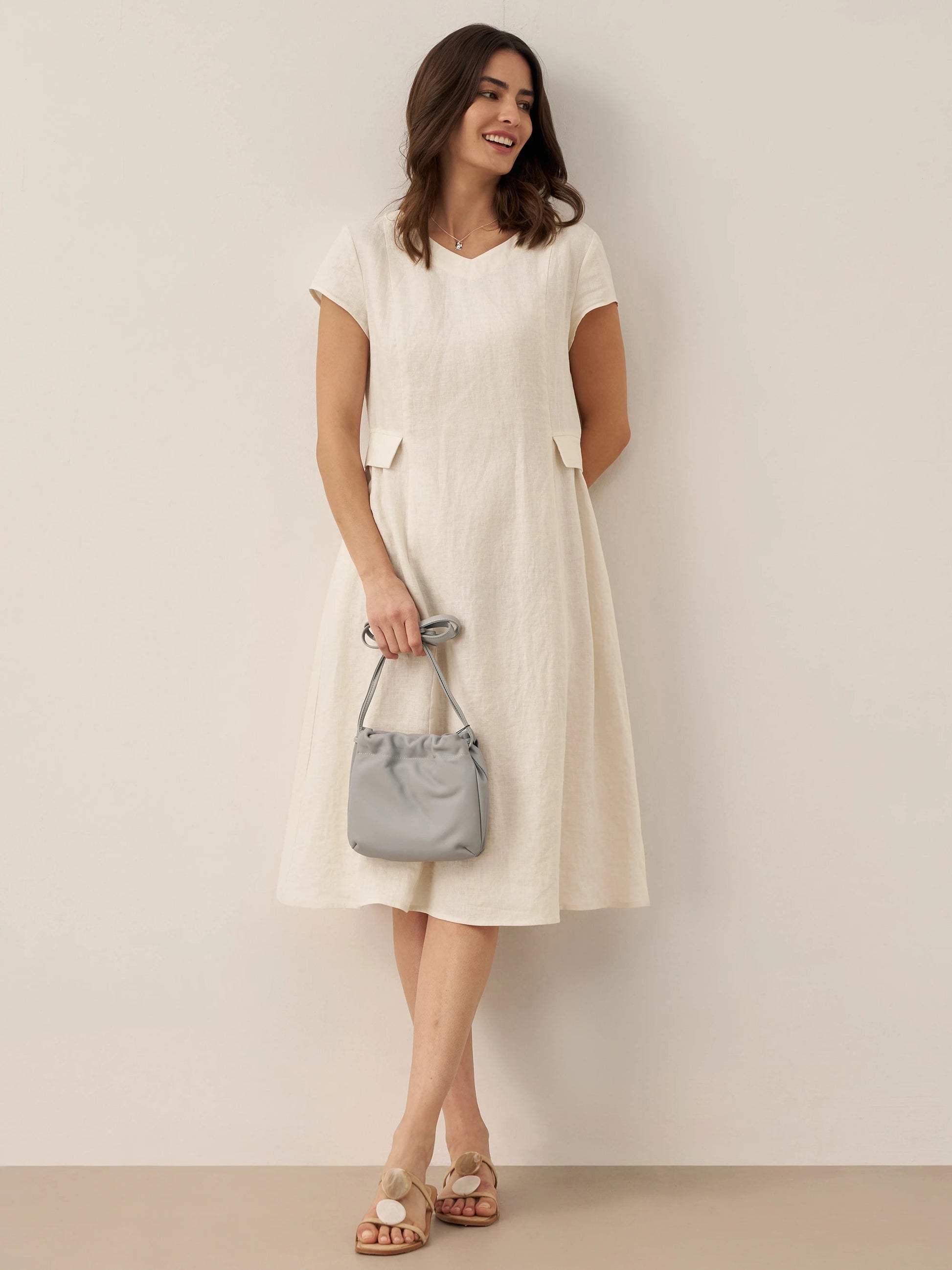 Damen Midi-Leinenkleid mit V-Ausschnitt und kurzen Ärmeln-Midi Dress-Alpenkind