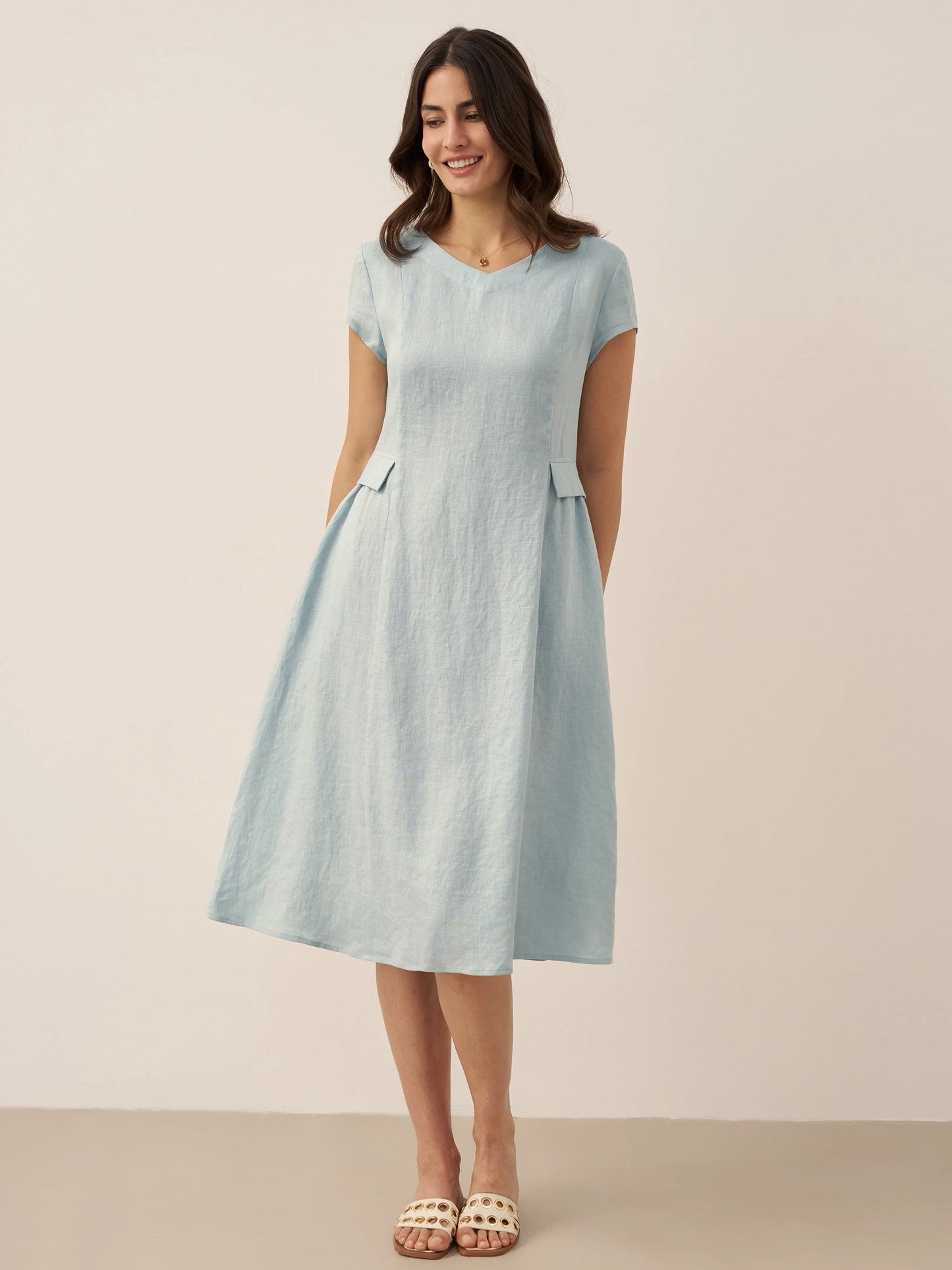 Damen Midi-Leinenkleid mit V-Ausschnitt und kurzen Ärmeln-Midi Dress-Alpenkind