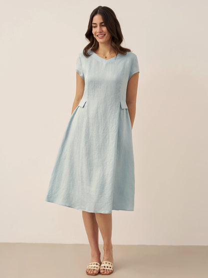 Damen Midi-Leinenkleid mit V-Ausschnitt und kurzen Ärmeln-Midi Dress-Alpenkind