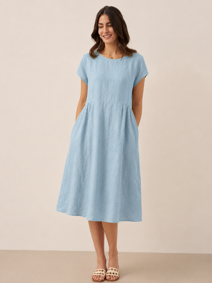 Damen Midi-Leinenkleid mit V-Ausschnitt und kurzen Ärmeln-Midi Dress-Alpenkind