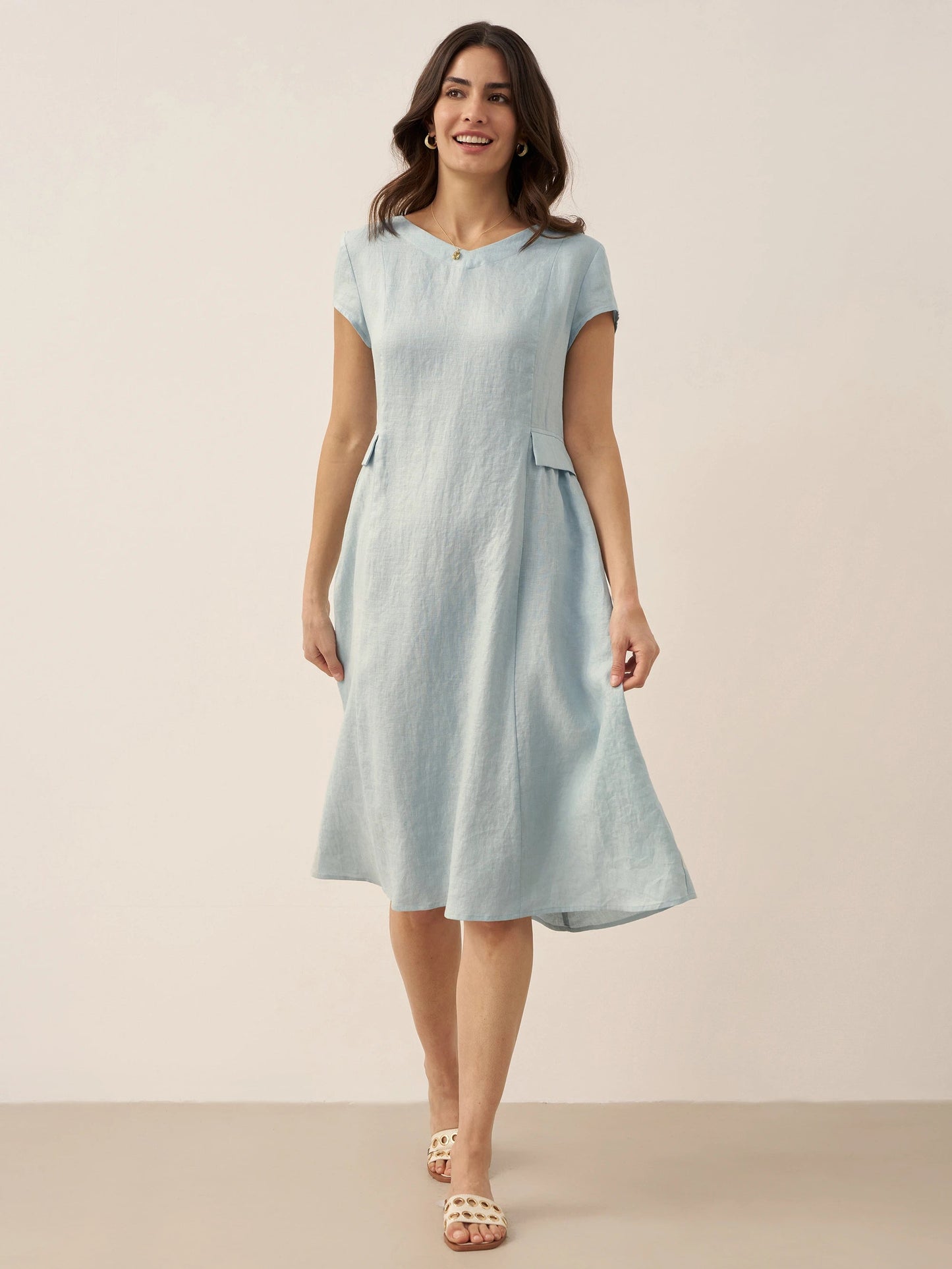 Damen Midi-Leinenkleid mit V-Ausschnitt und kurzen Ärmeln-Midi Dress-Alpenkind