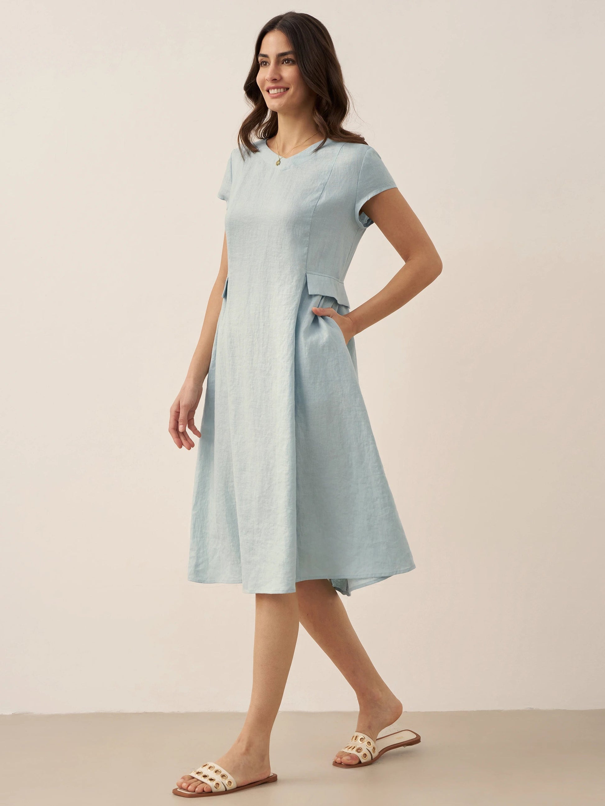 Damen Midi-Leinenkleid mit V-Ausschnitt und kurzen Ärmeln-Midi Dress-Alpenkind