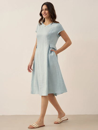 Damen Midi-Leinenkleid mit V-Ausschnitt und kurzen Ärmeln-Midi Dress-Alpenkind