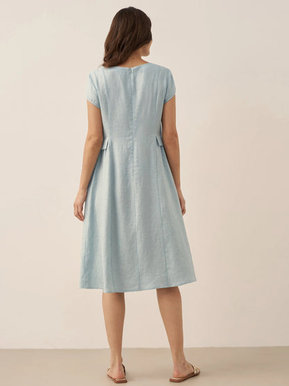 Damen Midi-Leinenkleid mit V-Ausschnitt und kurzen Ärmeln-Midi Dress-Alpenkind