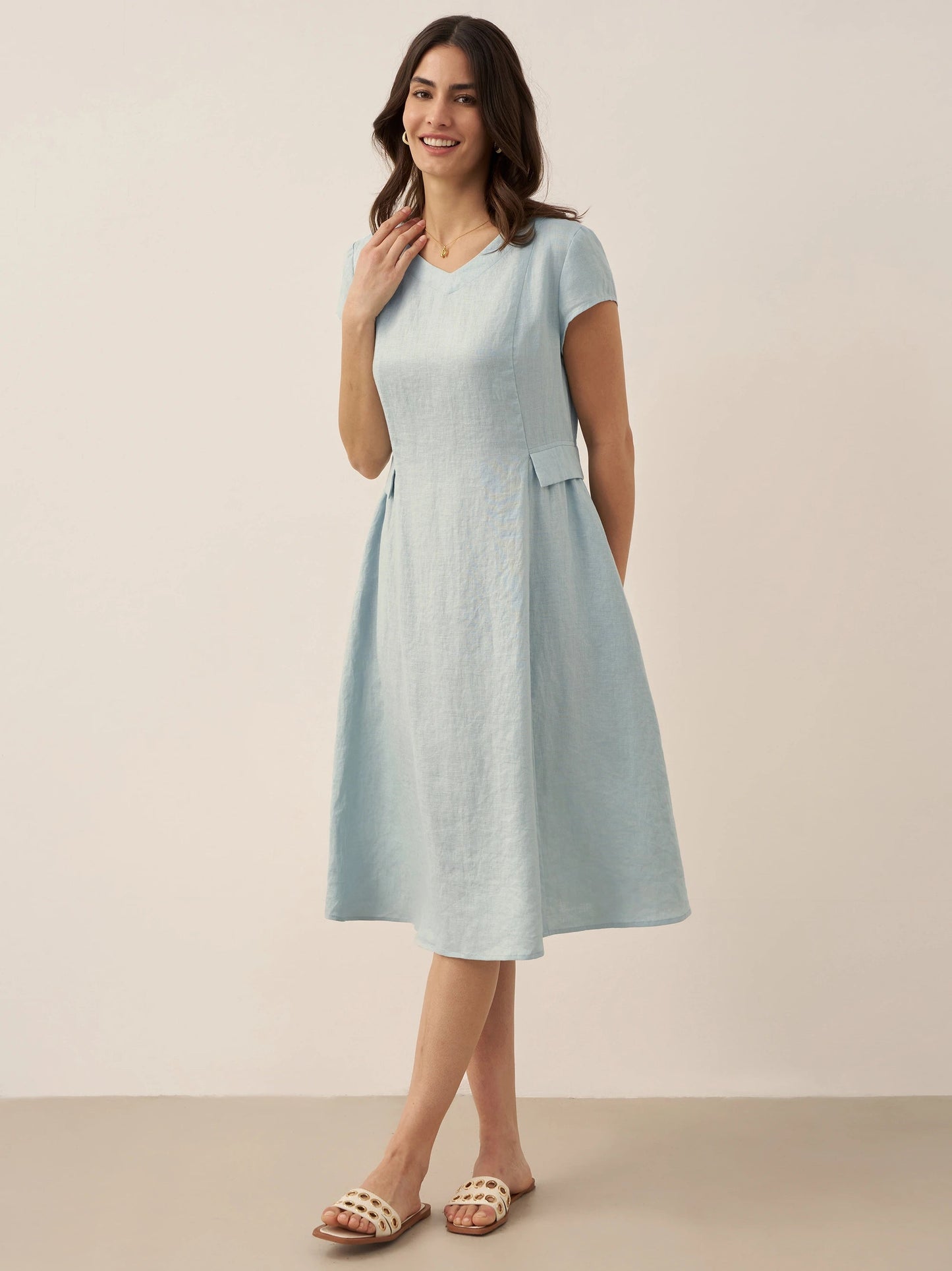 Damen Midi-Leinenkleid mit V-Ausschnitt und kurzen Ärmeln-Midi Dress-Alpenkind