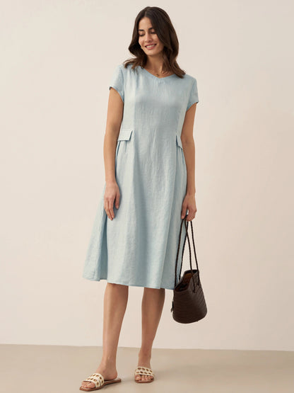 Damen Midi-Leinenkleid mit V-Ausschnitt und kurzen Ärmeln-Midi Dress-Alpenkind