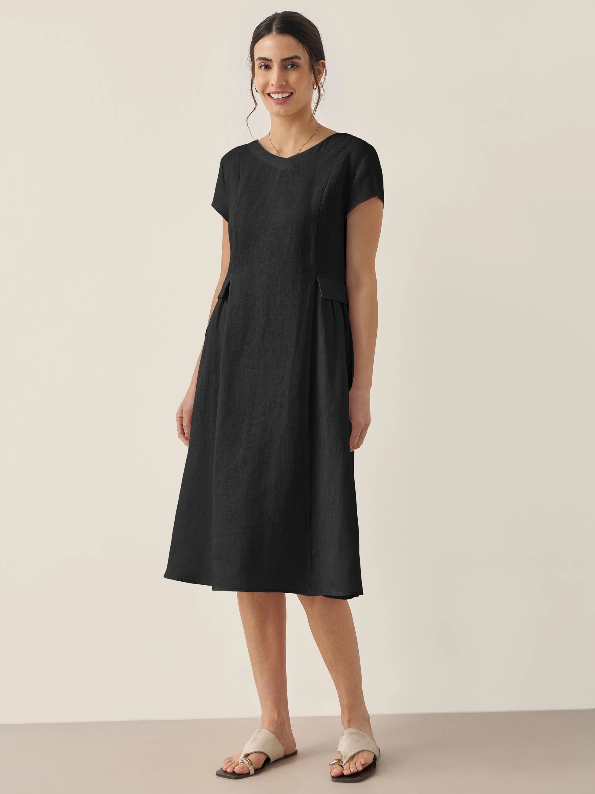 Damen Midi-Leinenkleid mit V-Ausschnitt und kurzen Ärmeln-Midi Dress-Alpenkind