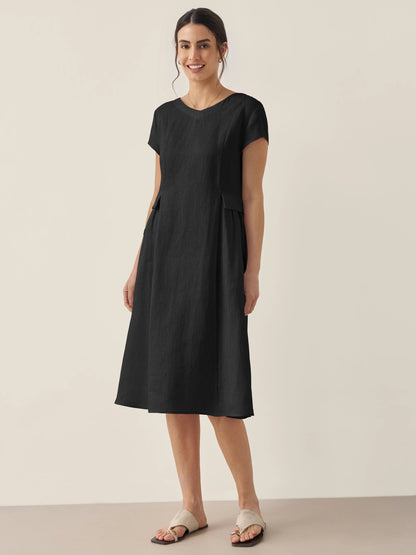 Damen Midi-Leinenkleid mit V-Ausschnitt und kurzen Ärmeln-Midi Dress-Alpenkind