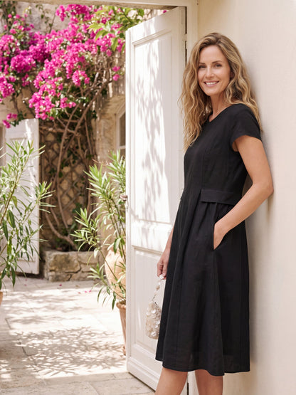 Damen Midi-Leinenkleid mit V-Ausschnitt und kurzen Ärmeln-Midi Dress-Alpenkind