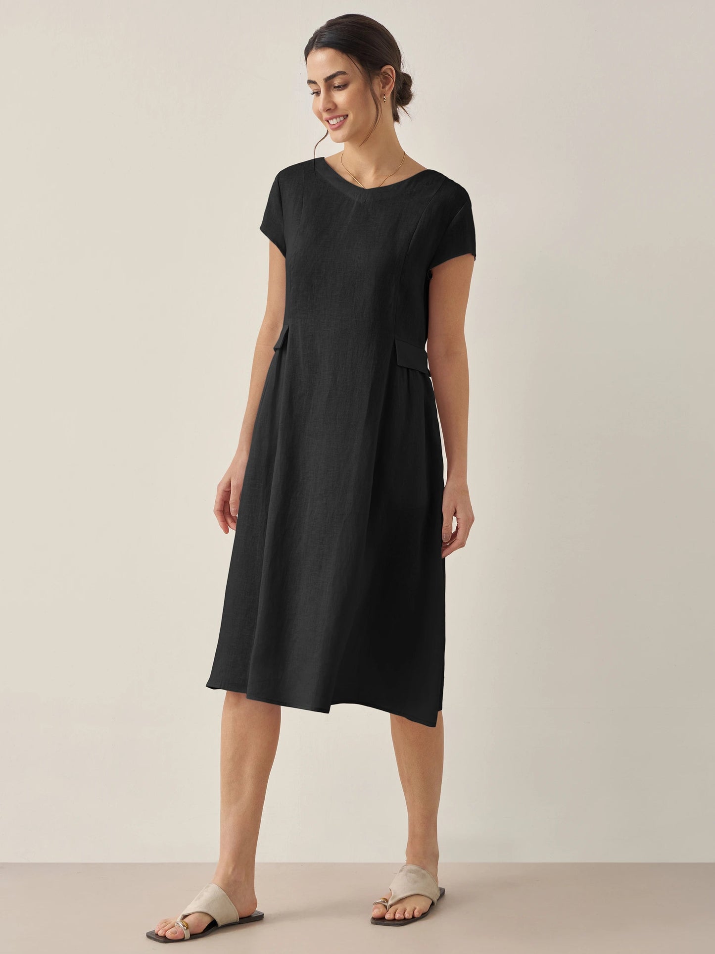 Damen Midi-Leinenkleid mit V-Ausschnitt und kurzen Ärmeln-Midi Dress-Alpenkind