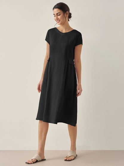 Damen Midi-Leinenkleid mit V-Ausschnitt und kurzen Ärmeln-Midi Dress-Alpenkind