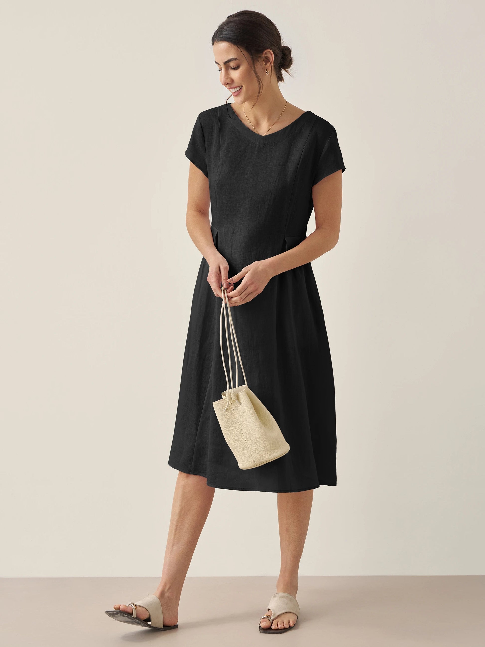 Damen Midi-Leinenkleid mit V-Ausschnitt und kurzen Ärmeln-Midi Dress-Alpenkind