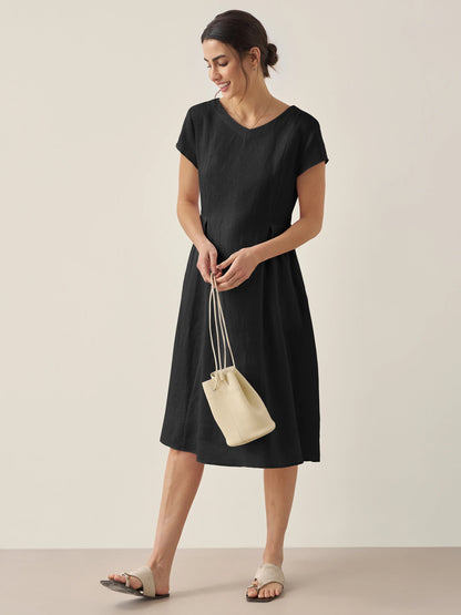 Damen Midi-Leinenkleid mit V-Ausschnitt und kurzen Ärmeln-Midi Dress-Alpenkind