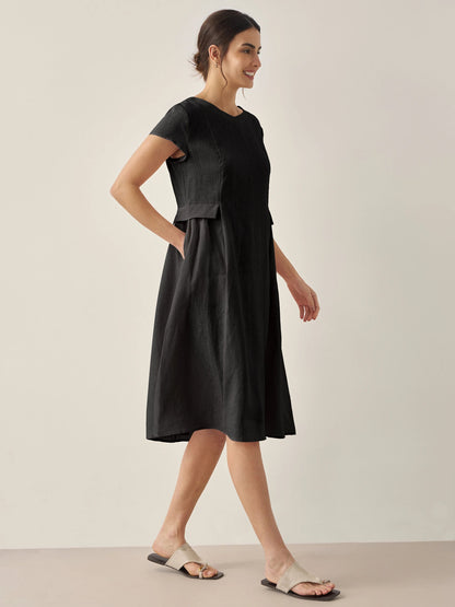 Damen Midi-Leinenkleid mit V-Ausschnitt und kurzen Ärmeln-Midi Dress-Alpenkind