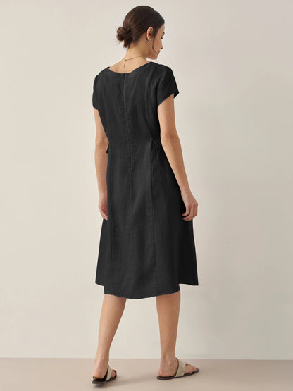 Damen Midi-Leinenkleid mit V-Ausschnitt und kurzen Ärmeln-Midi Dress-Alpenkind