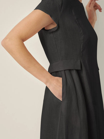 Damen Midi-Leinenkleid mit V-Ausschnitt und kurzen Ärmeln-Midi Dress-Alpenkind