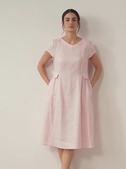 Damen Midi-Leinenkleid mit V-Ausschnitt und kurzen Ärmeln-Midi Dress-Alpenkind
