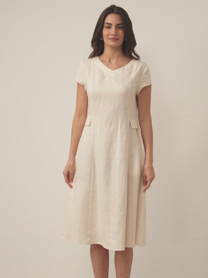 Damen Midi-Leinenkleid mit V-Ausschnitt und kurzen Ärmeln-Midi Dress-Alpenkind