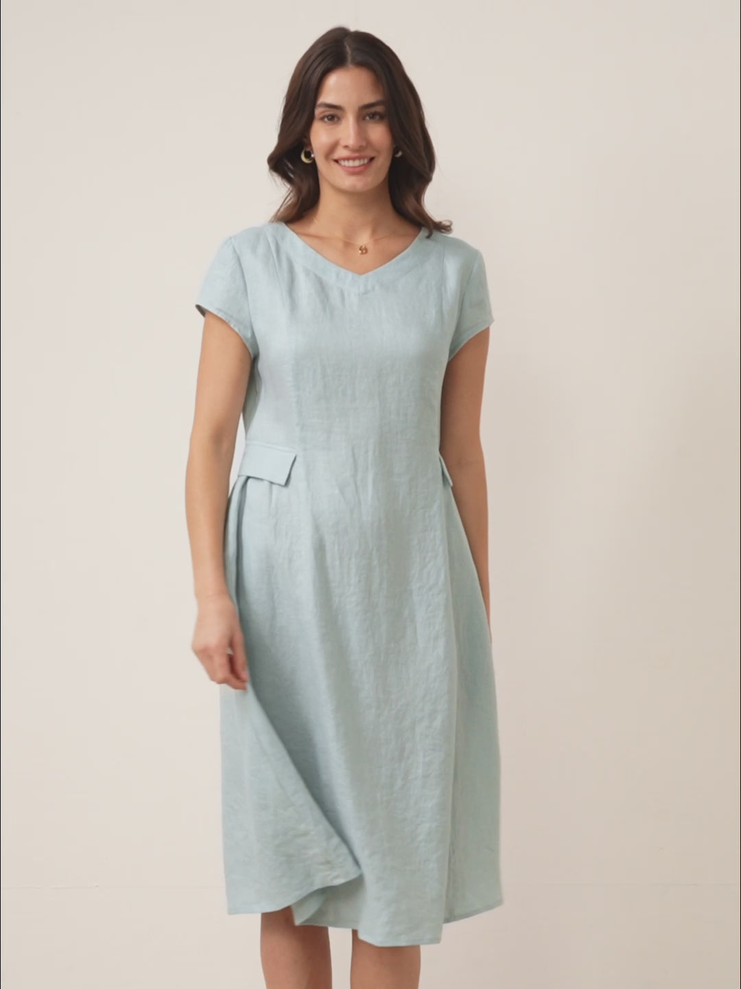 Damen Midi-Leinenkleid mit V-Ausschnitt und kurzen Ärmeln-Midi Dress-Alpenkind