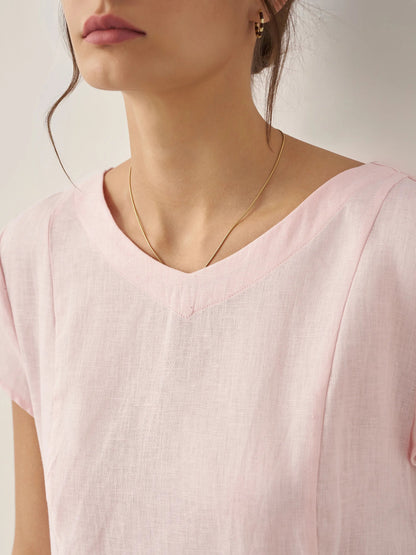 Damen Midi-Leinenkleid mit V-Ausschnitt und kurzen Ärmeln-Midi Dress-Alpenkind