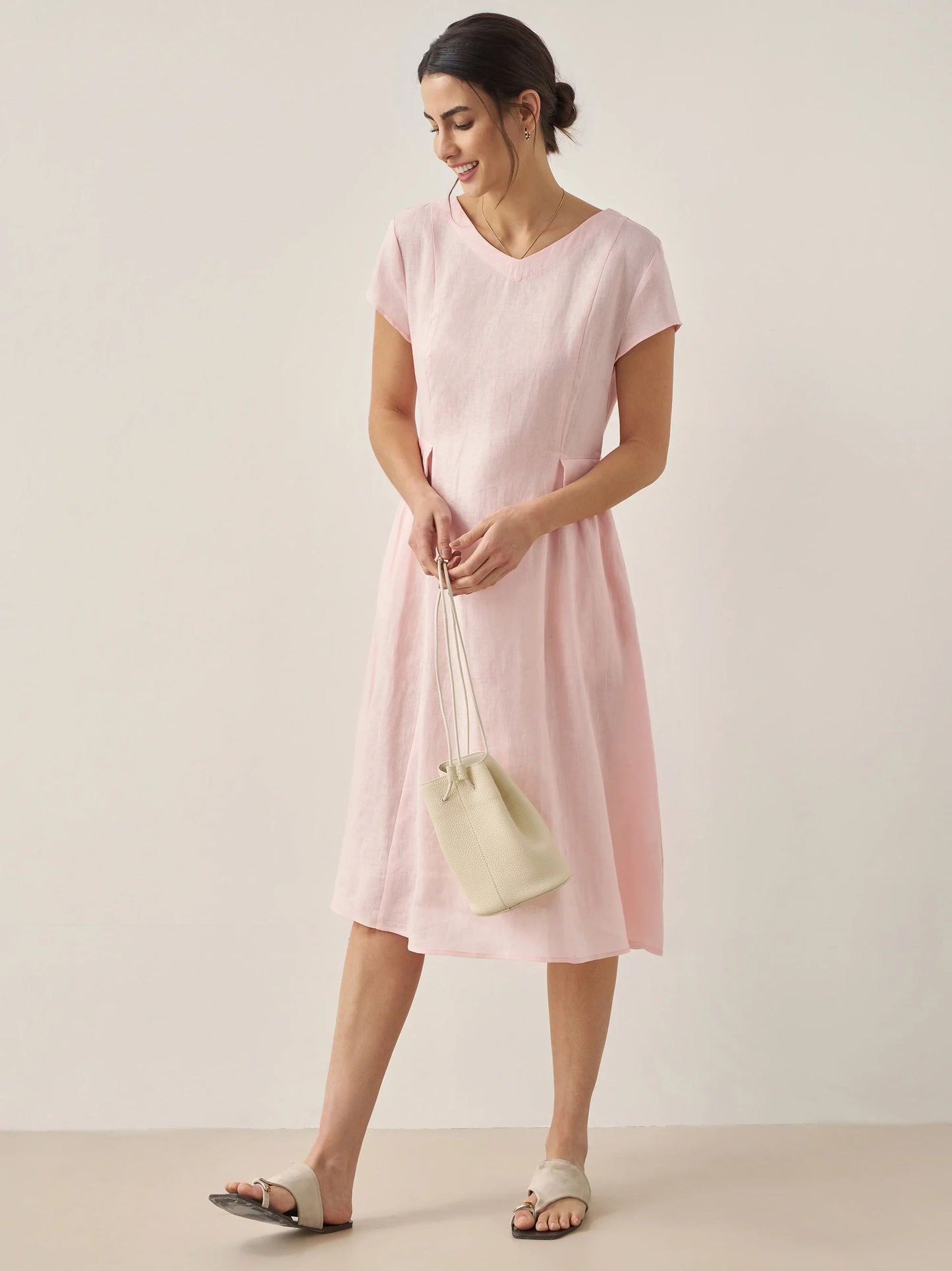 Damen Midi-Leinenkleid mit V-Ausschnitt und kurzen Ärmeln-Midi Dress-Alpenkind