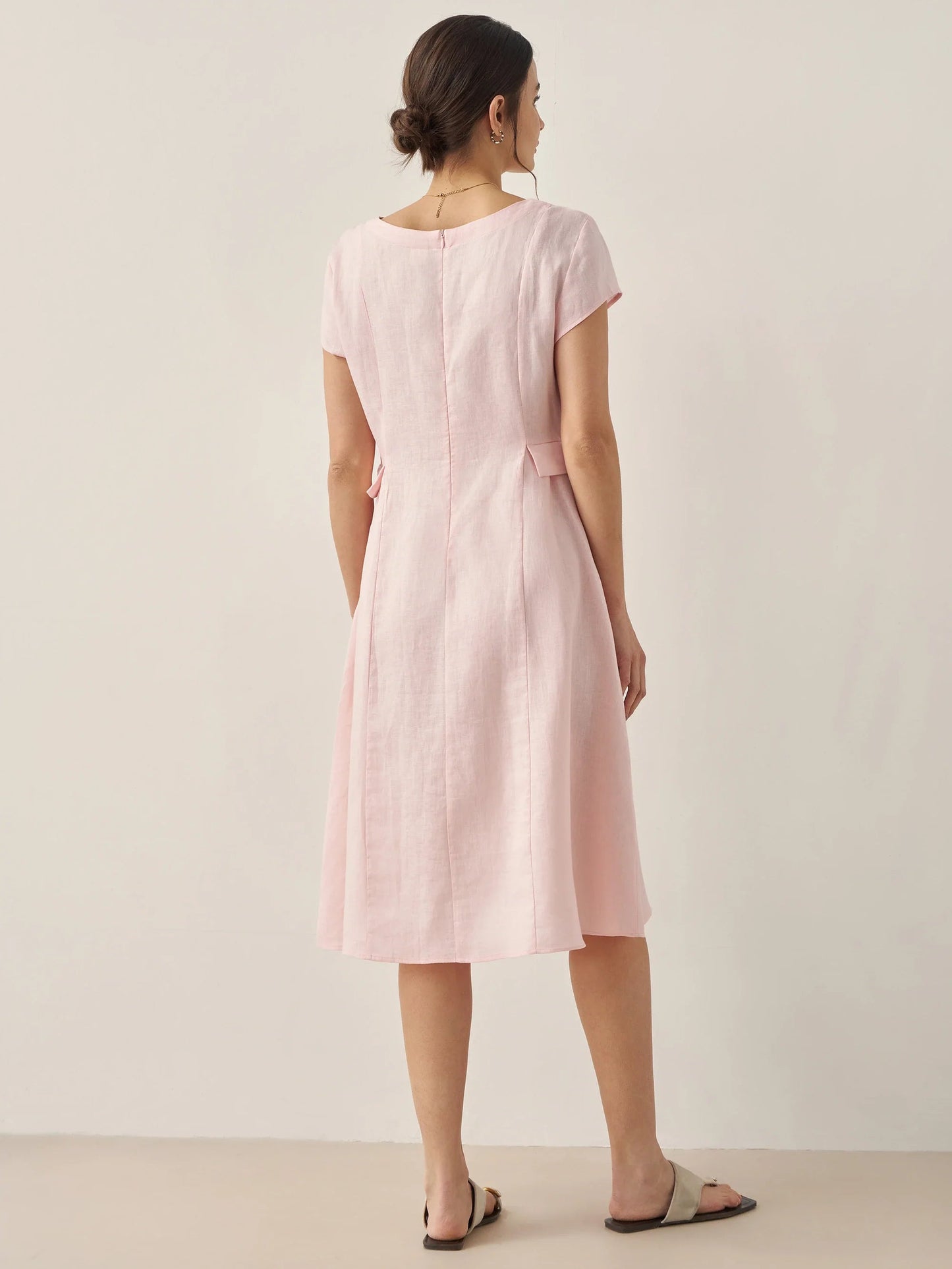 Damen Midi-Leinenkleid mit V-Ausschnitt und kurzen Ärmeln-Midi Dress-Alpenkind