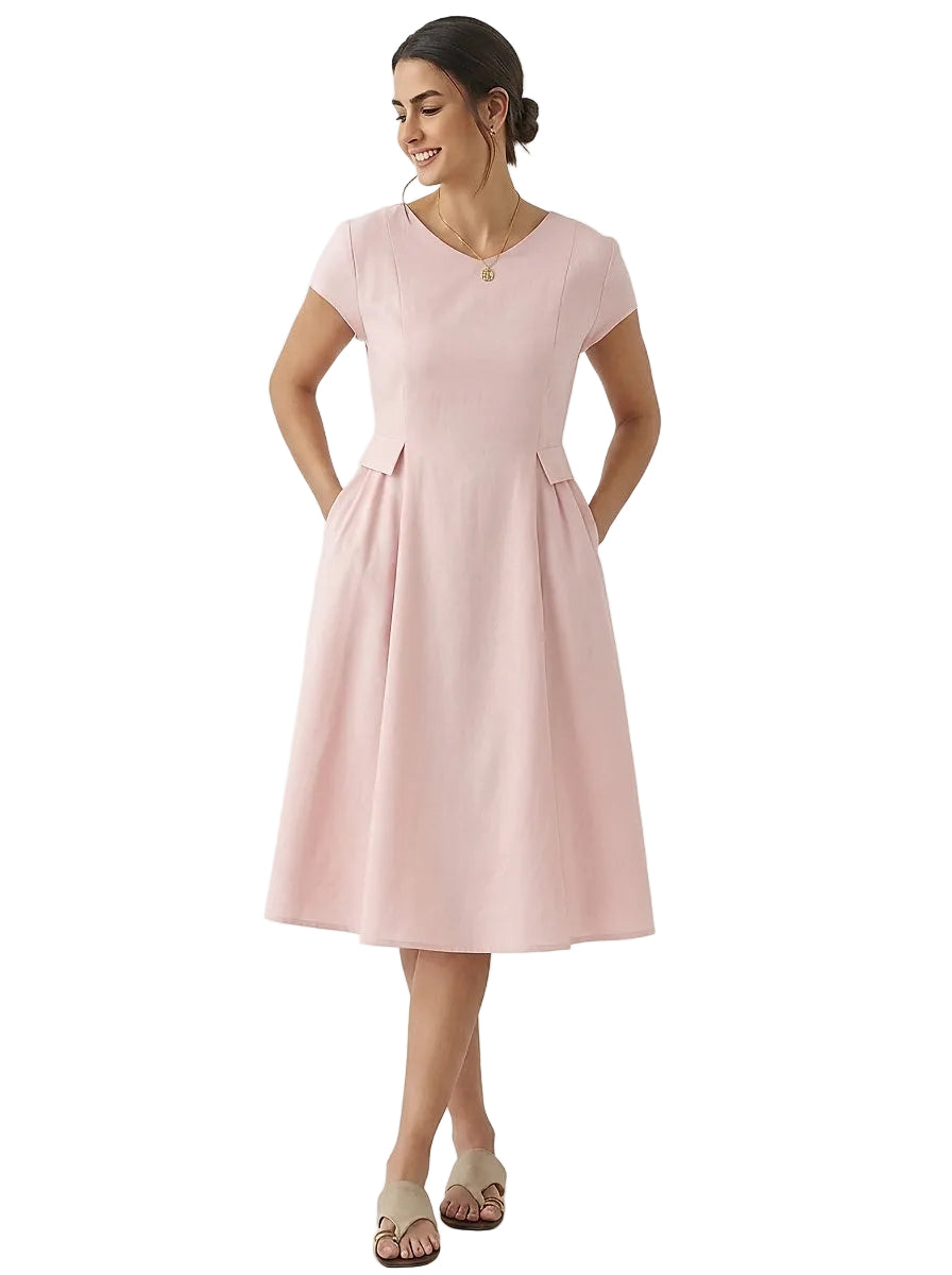 Damen Midi-Leinenkleid mit V-Ausschnitt und kurzen Ärmeln-Midi Dress-Alpenkind