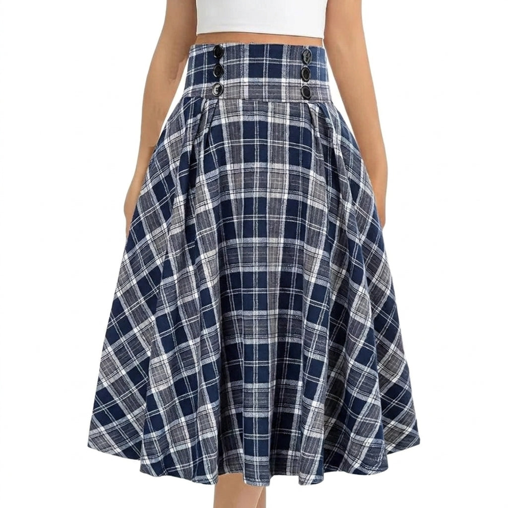 Damen-Midi-Rock mit Karomuster, hohem Bund und Zierknöpfen-Skirt for women-Alpenkind