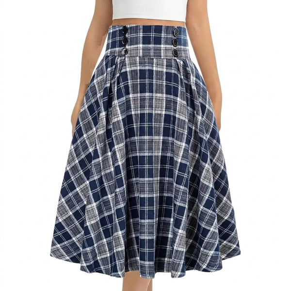 Damen-Midi-Rock mit Karomuster, hohem Bund und Zierknöpfen-Skirt for women-Alpenkind