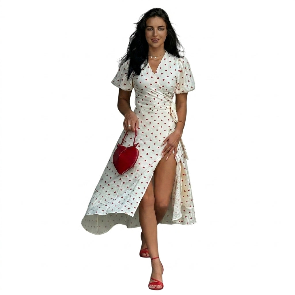 Damen-Midi-Wickelkleid mit Puffärmeln und Blumenmuster-Midi Dress-Alpenkind
