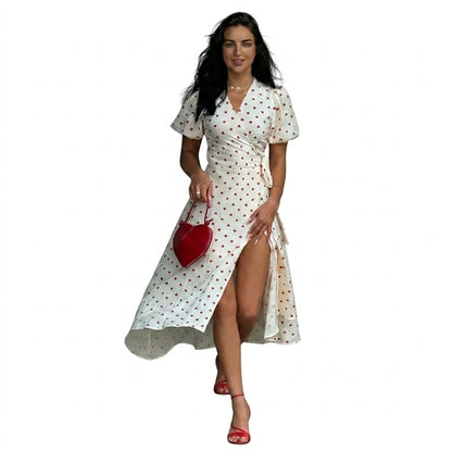 Damen-Midi-Wickelkleid mit Puffärmeln und Blumenmuster-Midi Dress-Alpenkind