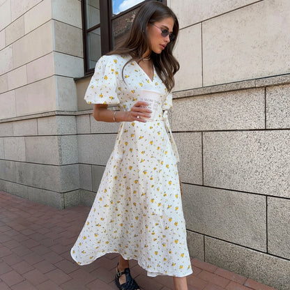 Damen-Midi-Wickelkleid mit Puffärmeln und Blumenmuster-Midi Dress-Alpenkind