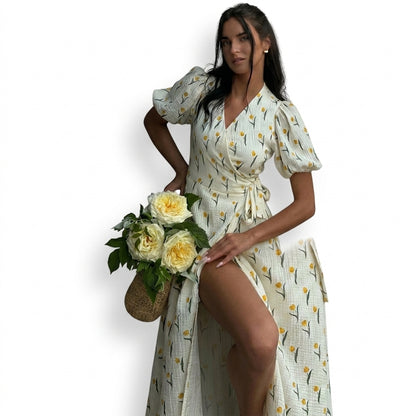 Damen-Midi-Wickelkleid mit Puffärmeln und Blumenmuster-Midi Dress-Alpenkind
