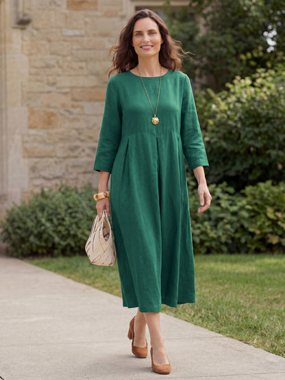Damen-Midikleid aus Leinen mit U-Boot-Ausschnitt und Falten-Midi Dress-Alpenkind