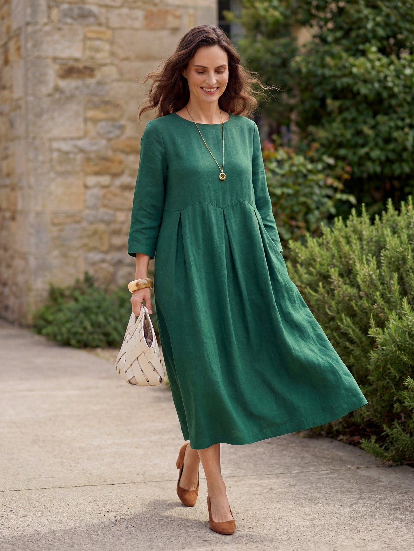 Damen-Midikleid aus Leinen mit U-Boot-Ausschnitt und Falten-Midi Dress-Alpenkind