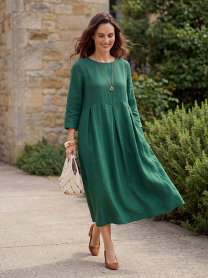 Damen-Midikleid aus Leinen mit U-Boot-Ausschnitt und Falten-Midi Dress-Alpenkind