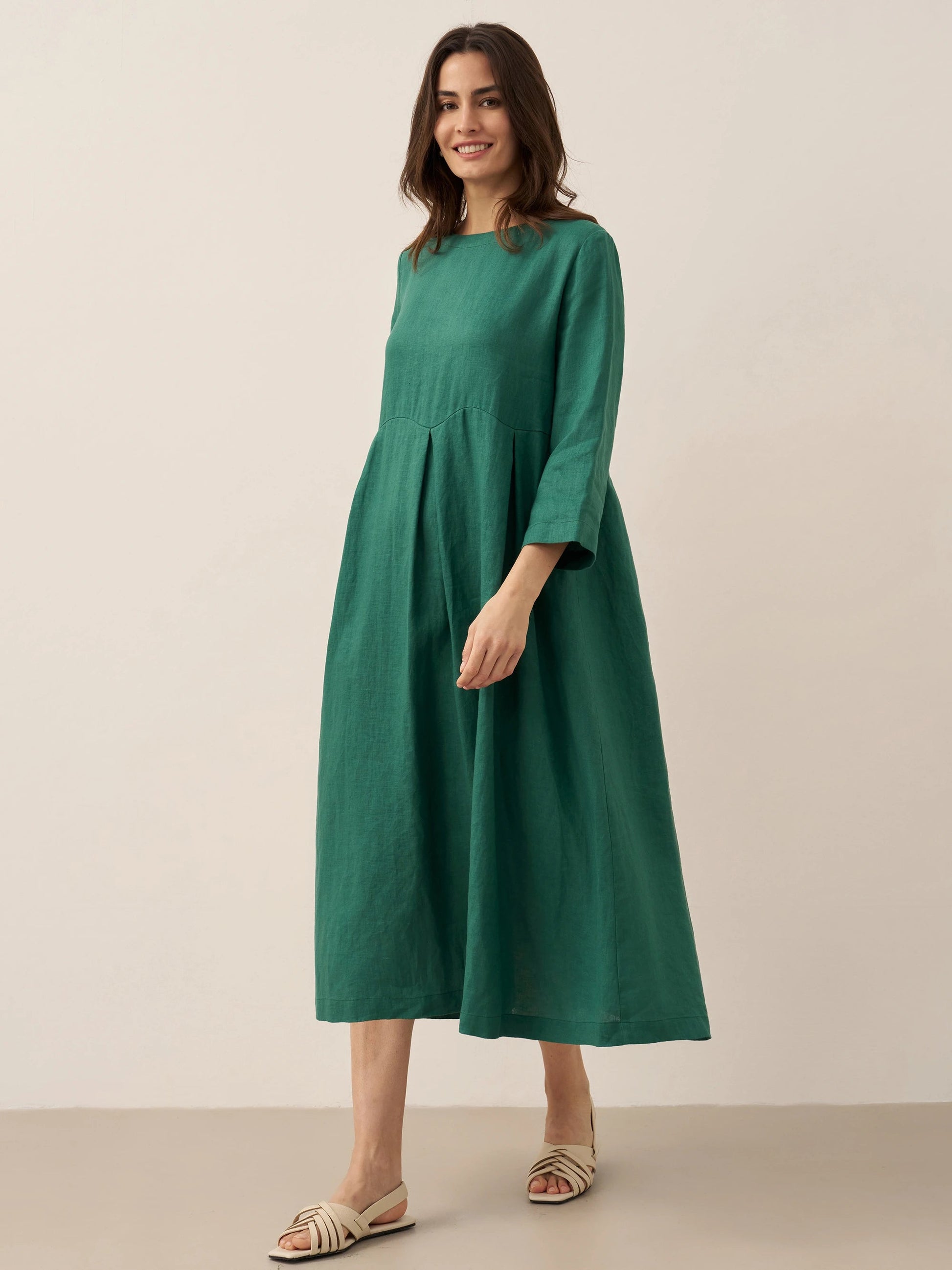 Damen-Midikleid aus Leinen mit U-Boot-Ausschnitt und Falten-Midi Dress-Alpenkind