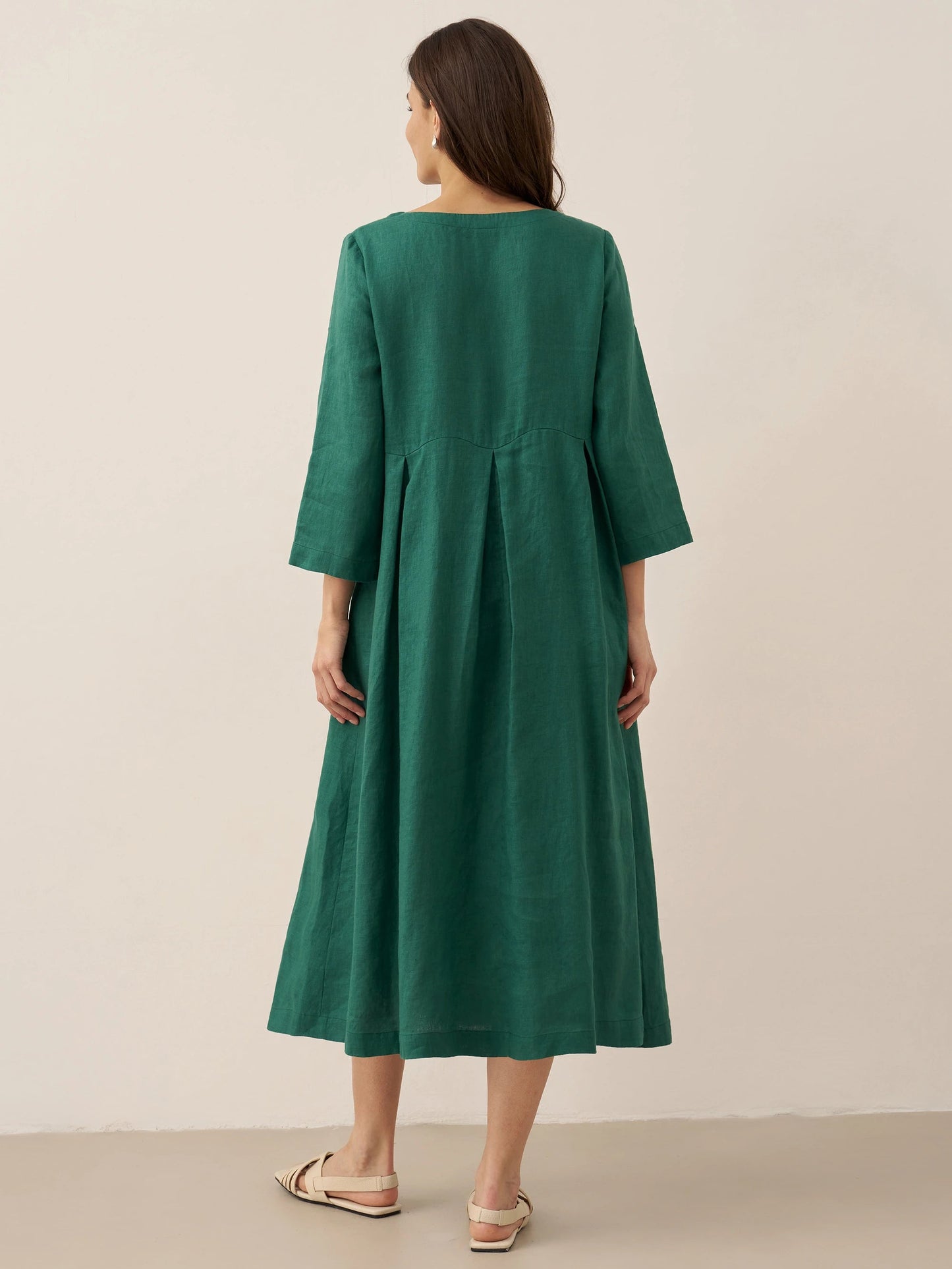 Damen-Midikleid aus Leinen mit U-Boot-Ausschnitt und Falten-Midi Dress-Alpenkind
